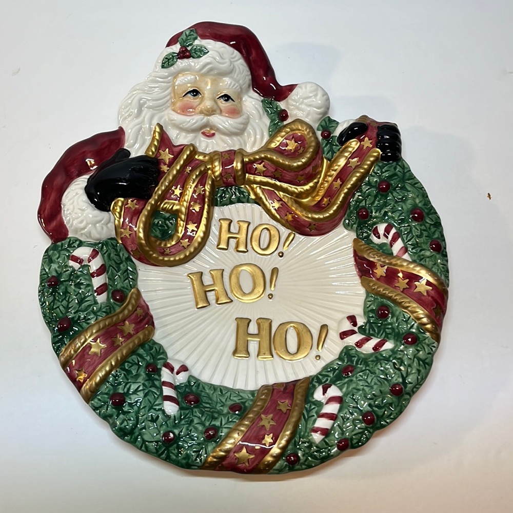 Fitz and Floyd Plate Christmas Santa Tidbit Tray Dish Plaque Ho Ho Ho Wreath